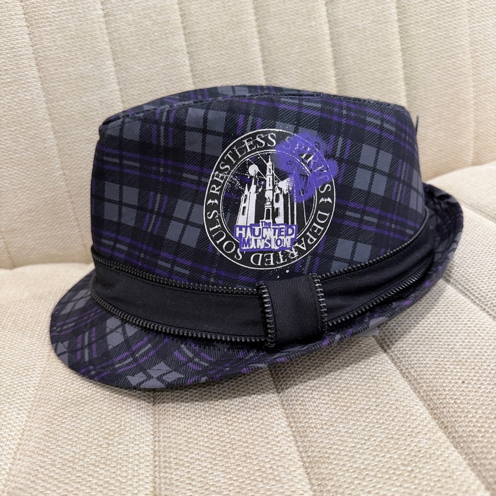 NEW Disney Parks Haunted Mansion Purple Plaid Fedora Hat Zipper Detail Graphic